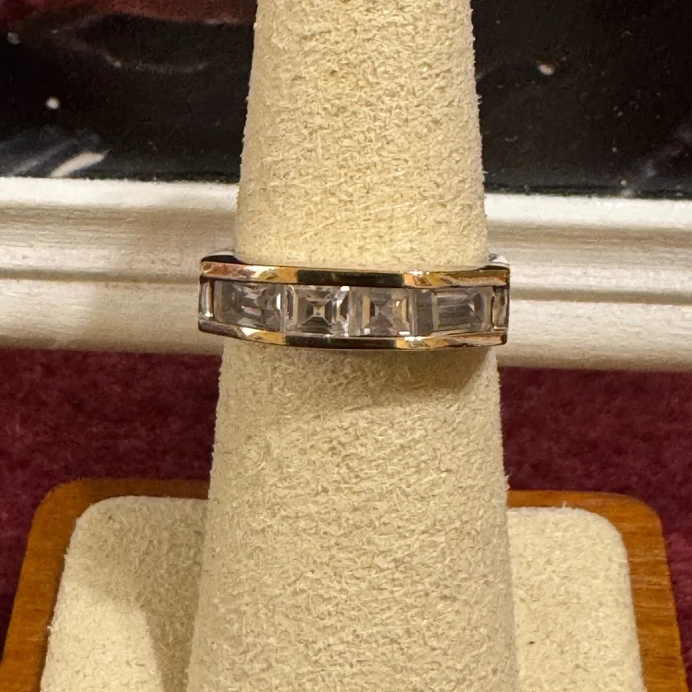 Mid-century style sterling 925 ring with baguette cut CZs